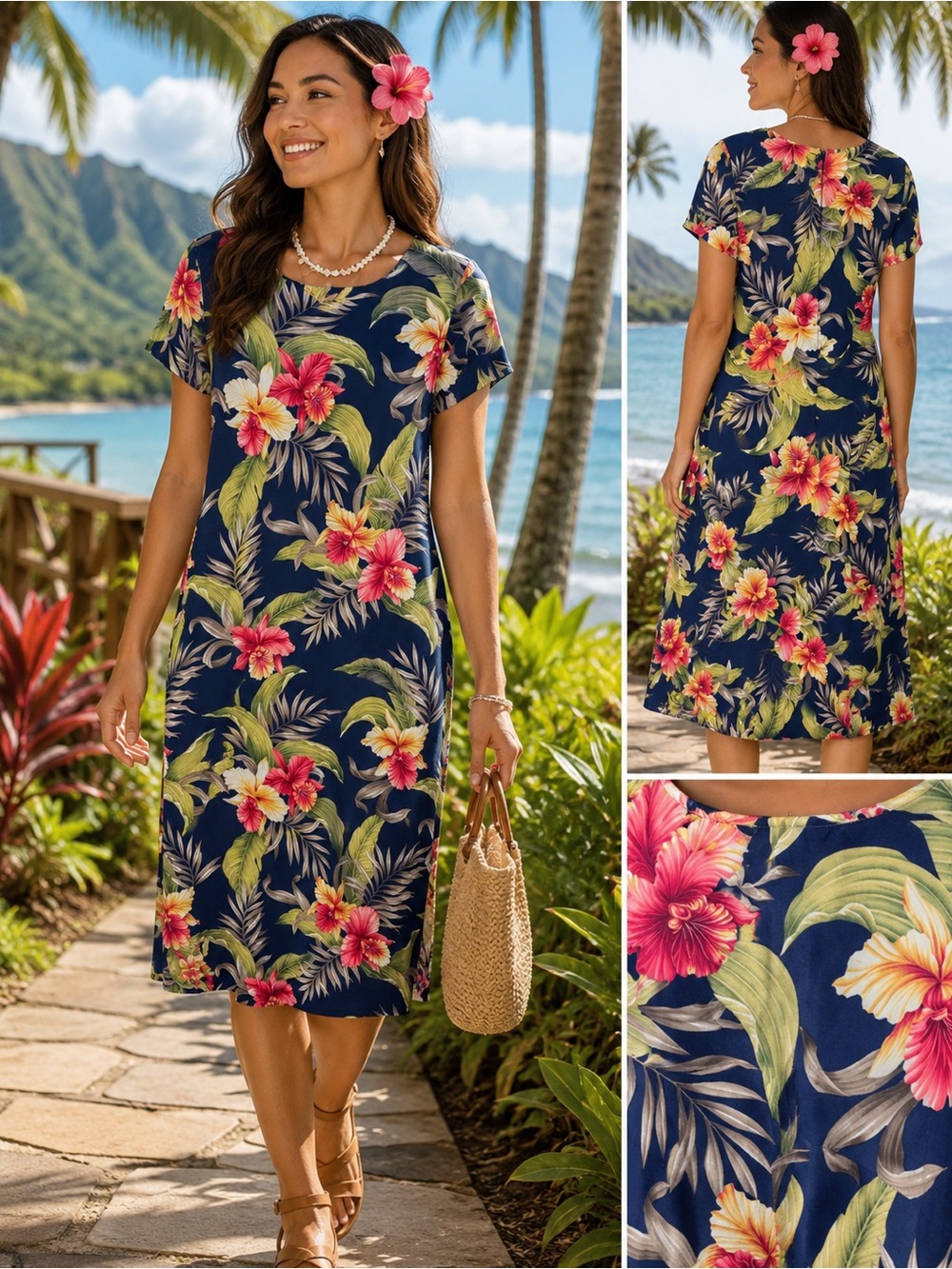 Royal Creations Made in Hawaii Navy Tropical Hibiscus Midi Shift Dress Sz Small
